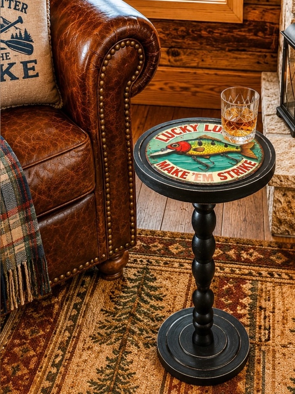 Small Round Fishing Drink Table, Whiskey Martini Table, End Table